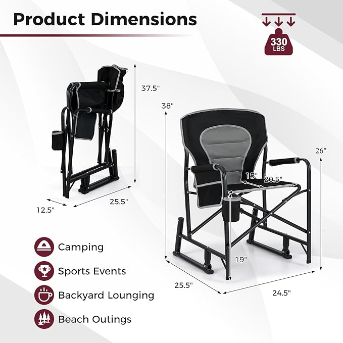 Goplus Outdoor Rocker Camping Chairs for Adults Portable Folding Chair w/Dual Springs Padded Back Cup Holder Storage Pocket Heavy-Duty Rocking Arm Chair for Beach Lawn Travel Fishing(2Black)