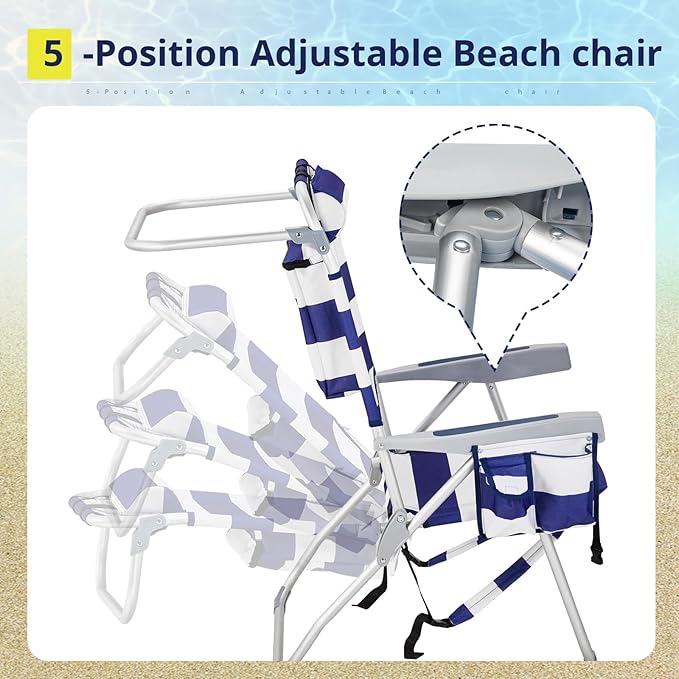 Folding Beach Chair Oxford Cloth Beach/Outdoor Picnic Camping Game Adjustable Lightweight Space Saving Blue White