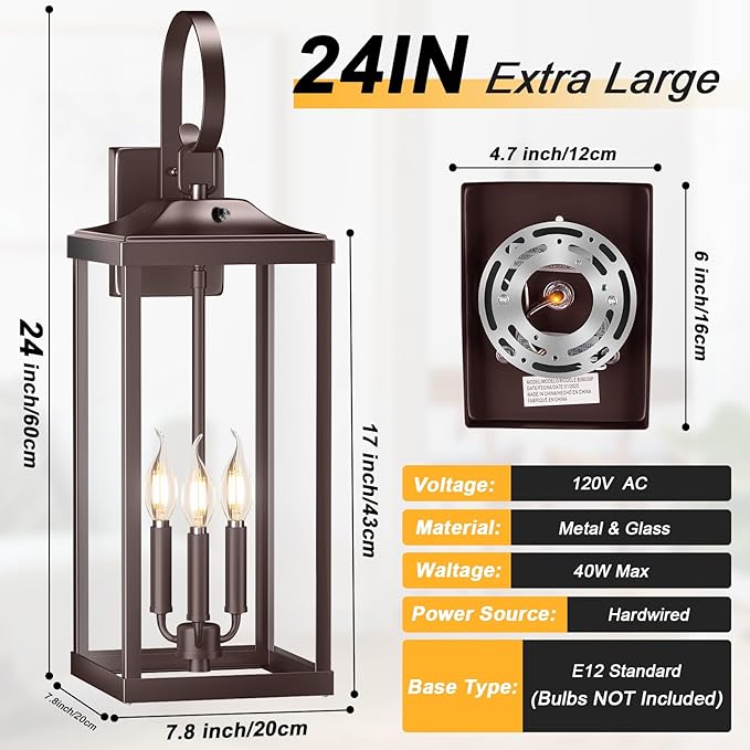 24 Extra Large Dusk to Dawn Outdoor Wall Light Oil Rubbed Bronze 3-Light Waterproof Exterior Wall Mount Porch Lantern Modern Outside Wall Sconce Coach Light Brown E12 1-Pack