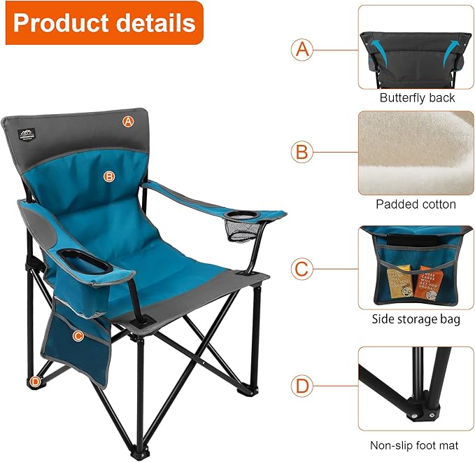 Oversized Folding Camping ChairHeavy Duty Padded Portable Lawn Chair w/Extra Large Cup HolderSide Pocket for Adults Outdoor Sports Hiking Beach Garden PicnicBlue