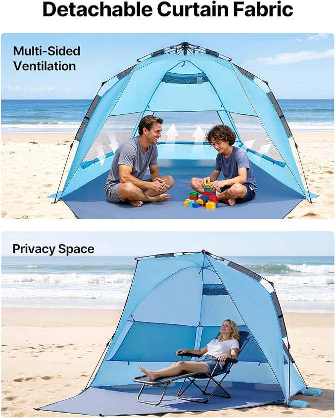 VEVOR Beach Tent Sun Shelter for 4 Person Pop Up Beach Tent UPF 50+ Portable Sun Shade Beach with Carrying Bag and Sand Pockets Easy Setup Umbrella for Camping Fishing Outdoor Picnic