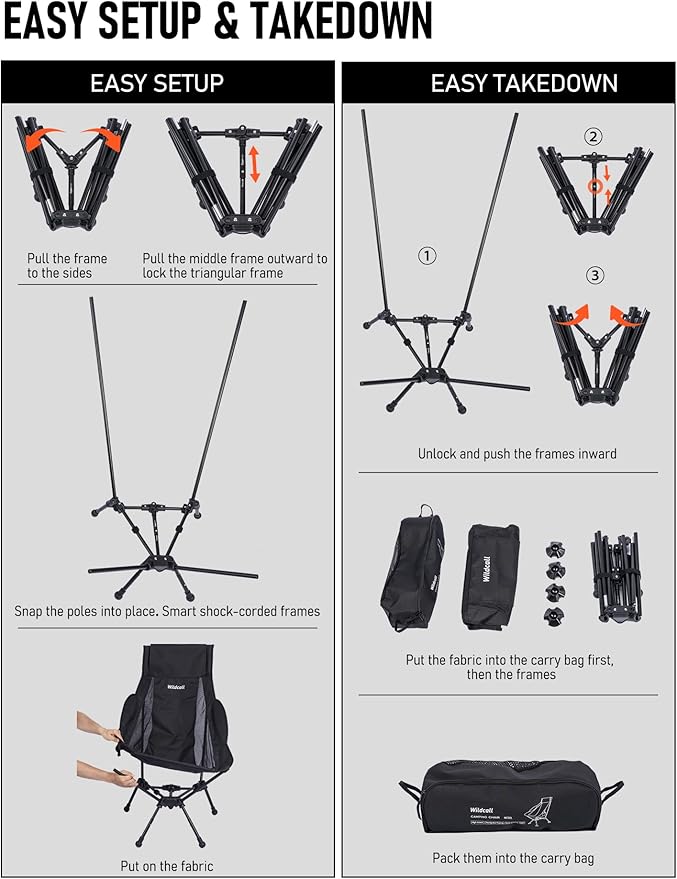 WildCall Lightweight Folding High Back Camping Chair with Head Support Compact Beach Chair with Anti-Sinking Large Feet and Three Tilt Angles Adjustment