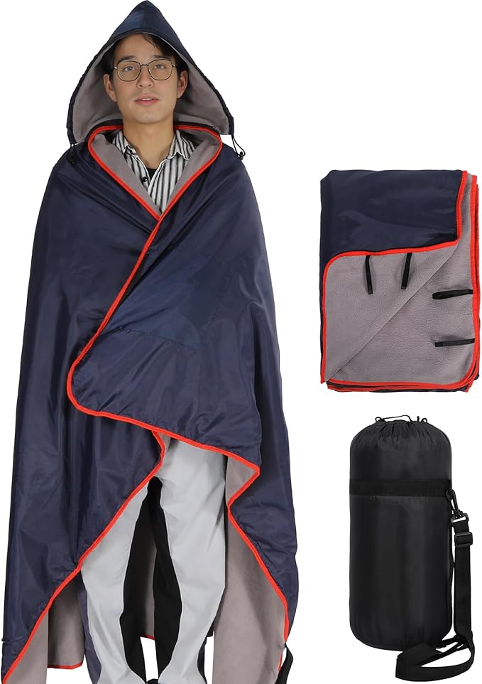 REDCAMP Large Waterproof Stadium Blanket with Hood for Cold Weather Soft Warm Fleece Camping Blanket Windproof for Outdoor Sports Dark Blue/Grey