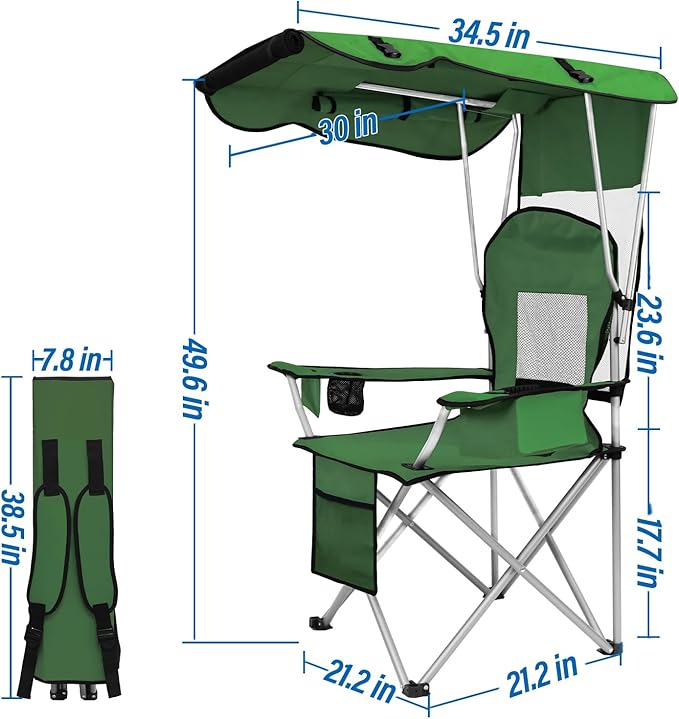 Beach Chair with Canopy Shade Folding Camping Chair Support to 330LBS Outdoor Chair with Cup Holder &amp Cooler Bag for Travel Hiking