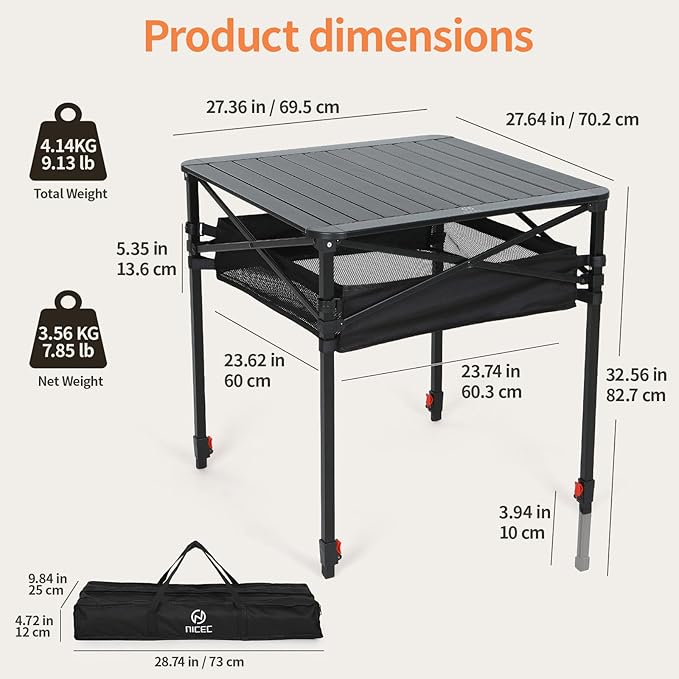 Nice C Aluminum Square Table Adjustable Height Folding Camping Table Lightweight Collapsible Table with Roll-up Tabletop Carry Bag for Outdoor Camping Picnic backyards BBQ (27'' Large)