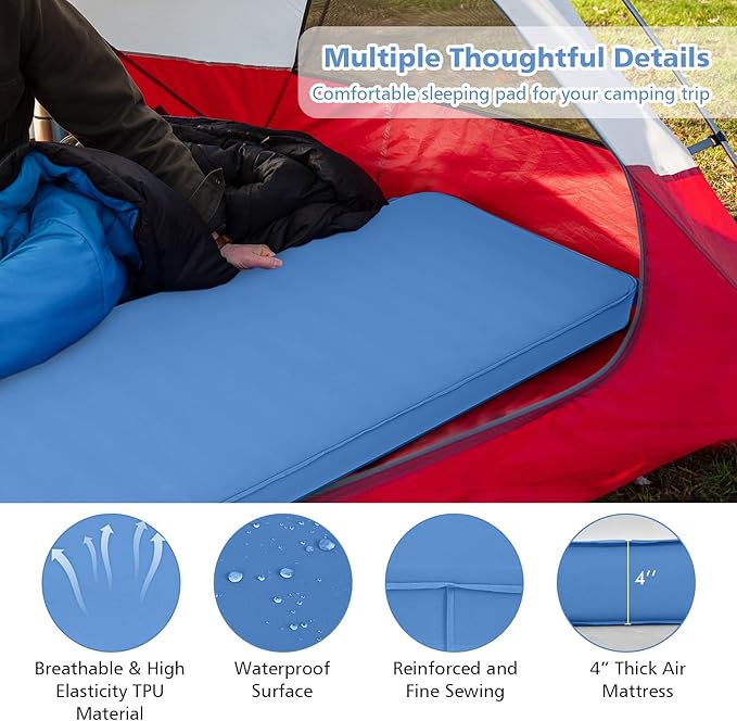 Giantex 4 Inch Self Inflating Camping Mat Blue Waterproof &amp Durable TPU Material Portable &amp Lightweight Design