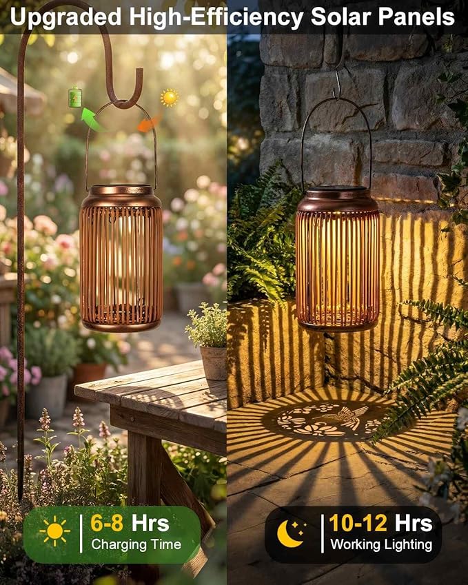 Solar Lanterns Outdoor Waterproof 2 Pack Hanging Rattan Solar Lights with Hummingbird Projection Garden Decor for Yard Patio Porch Gifts for Women Mom Grandma