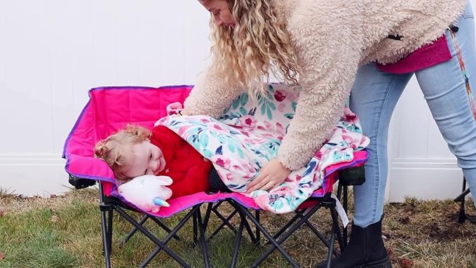 SUNNYFEEL Kids Folding Double Camping Chair Portable Kids Camping Chairs 2 Seat Chair Blue Padded Foldable Lawn Chairs with Cup Holder for Beach/Outdoor/Travel/Picnic Foldable Camp Chairs 2 Person