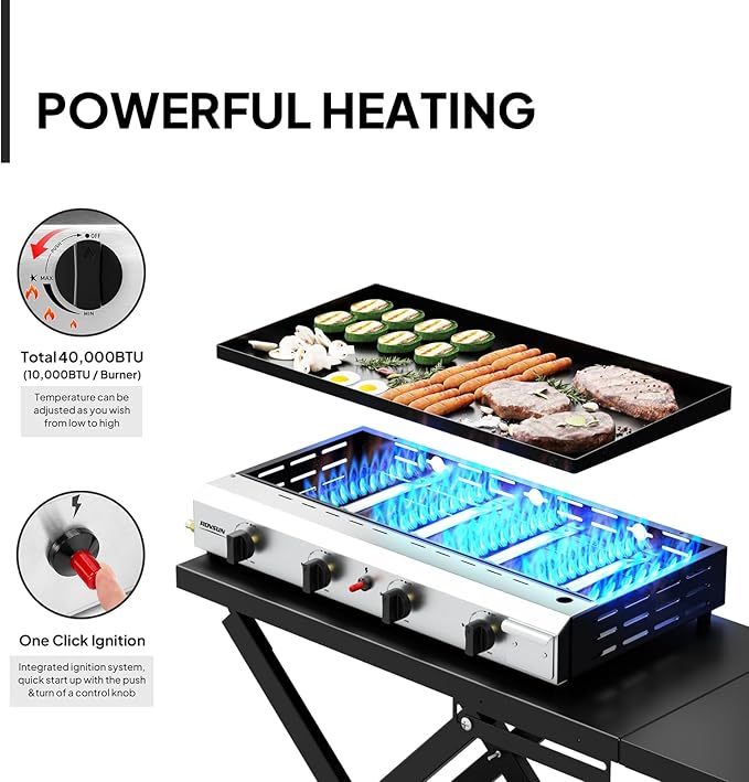 ROVSUN 4 Burner Foldable Propane Griddle with Wheels &amp Enameled Tray 40000 BTU Portable Flat Top Gas Grill with Electronic Ignition &amp Regulator for Outdoor Cooking Camping BBQ Tailgating Picn