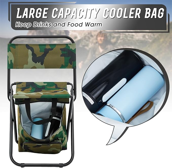Jerify 2 Pcs Fishing Chair with Cooler Bag Multi-Function Foldable Compact Fishing Stool Hunting Chair Portable Backrest Stool with Folding Backpack for Finishing Camping Hunting Travel(Camo Color)