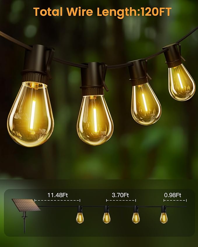 Torkase Solar String Lights Outdoor 120FT 30+2 Shatterproof S14 LED Bulbs Waterproof USB Rechargeable 2200K Warm White Energy-Saving Hanging Patio Lights for Garden Porch Bistro Deck Market