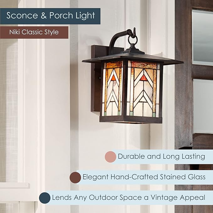 RIVER OF GOODS Stained Glass Outdoor Light Fixture - 11.75 H - Mission Style Porch Light - ‎Niki