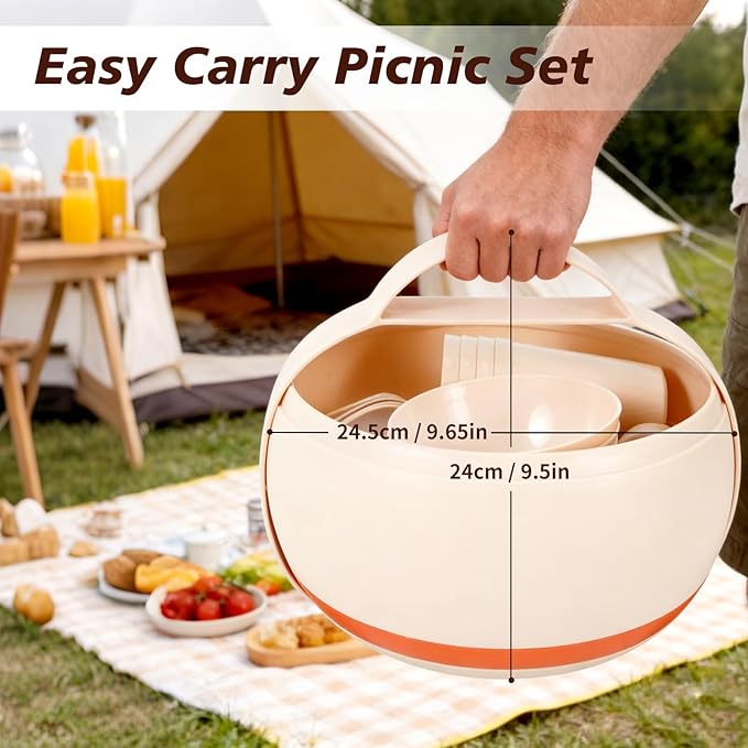 Camping Dishes Picnic Set Camping Plates Cups and Bowls Set 31 PCS Plastic Dish Set for 4 Portable Dinnerware Set for BBQ RV Travel Dorm Camping Mess Kit Picnic Essentials Not Microwave Safe