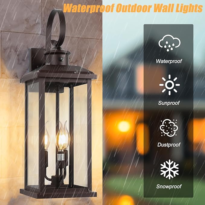 24 Dusk to Dawn Outdoor Wall Sconce: Bronze Large Porch Light 3-Light Waterproof Modern Exterior Lighting Fixture Wall Mounted Outside Lamp for House Garage E12