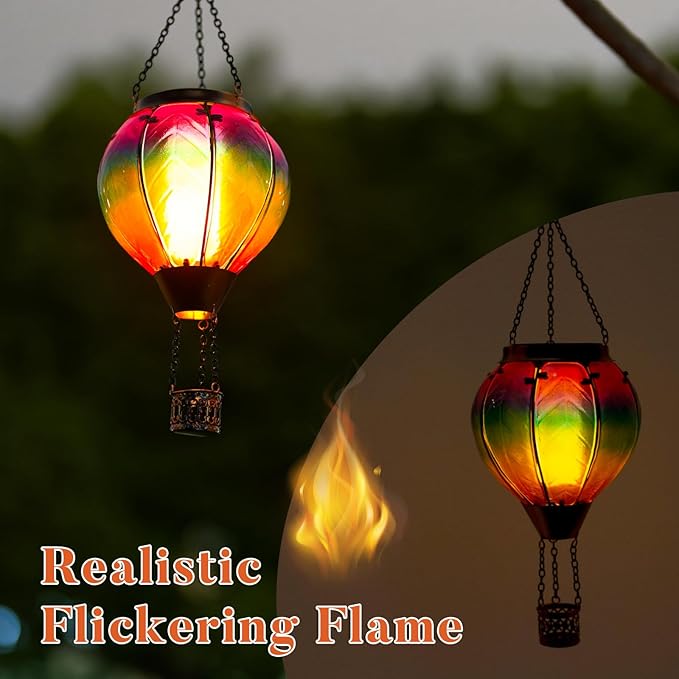 Solar Hot Air Balloon Lantern with Flame Hanging Glass Hot Air Balloon Solar Lantern Waterproof Decorative Outdoor Hot Air Balloon Solar Light for Outside Garden Patio (Purple Gradient)