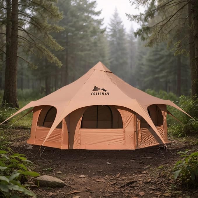 SOLSTUKU 4 Season Canvas Bell Tent 270 sq ft 9.8 ft Peak Height 10 Person Free Standing Zipper Closure Compact Style Camping &amp Hiking Family Camping Cold-Weather Outdoor Activities