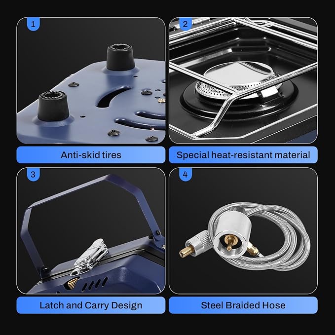 Propane Double Burner Two Burner Camp Stove 16000 BTU Portable Folding Gas Stove for Camping With grill grill pan and carry bag For camping home backyard canning frying turkey (Blue)
