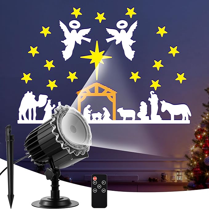 Meonum Christmas Nativity Scene Projector Lights Outdoor Upgrade Waterproof Nativity Silhouette Light Power Supply with Remote Control Scene onto Outdoor Indoor Wall Windows Garage Doors