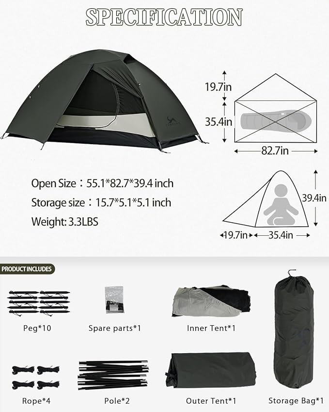 MC TOMOUNT Backpacking Tent 1-2 Person Waterproof Lightweight Double Layer Free-Standing Aluminum Pole for Outdoor Camping Hiking 4 Season