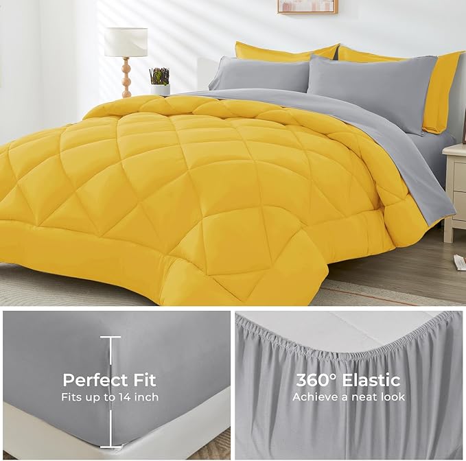 HEVUMYI Full Comforter Set - 7-Piece All Season Bed in a Bag Full Ultra Soft Bedding Set with Comforter Flat Sheet Fitted Sheet Pillowcases Pillow Shams Yellow &amp Light Grey