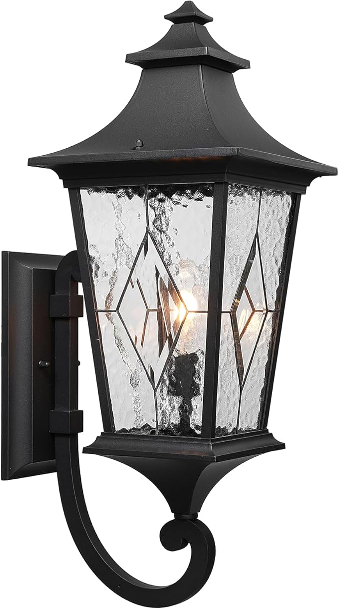 Outdoor Light Fixture Modern Outdoor Wall Sconce Light Waterproof Black Porch Lights Wall Mount with Water Ripple Handmade Glass for Gardens Porch Yards