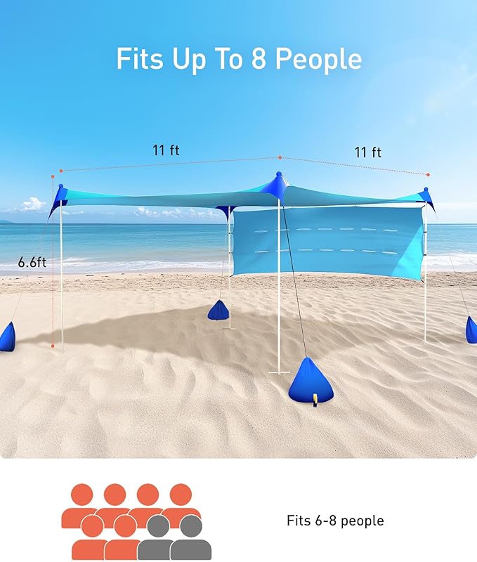 TOURIT Beach Tent Sun Shelter 11x11ft UPF50+ Protection Beach Canopy Tent Sun Shade with Windproof Design Outdoor Canopy for Camping Fishing Backyard Blue
