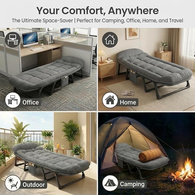 Portable Folding Bed Cot Recliner 6 Position Adjustable Backrest with Pillow Heavy Duty Steel Frame for Camping Office Nap Indoor Outdoor Use (Small(66in))