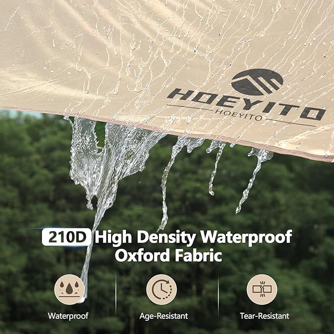 Camping Tarp with Poles &amp Retainer15x12.5FT Large Waterproof 210D Oxford Cloth Camping Canopy Anti-UV UPF100+ Tent Tarp Car Awning for Outdoor Picnic Hammock Car Backpacking (Khaki-Black)