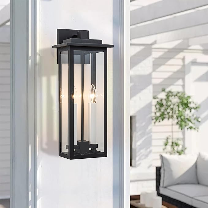 Outdoor Wall Lights Large Porch Lights Fixture Wall Mount Black Exterior Wall Sconce with Clear Glass White Candelabra Waterproof Outside Patio Light Fixture for House Garage