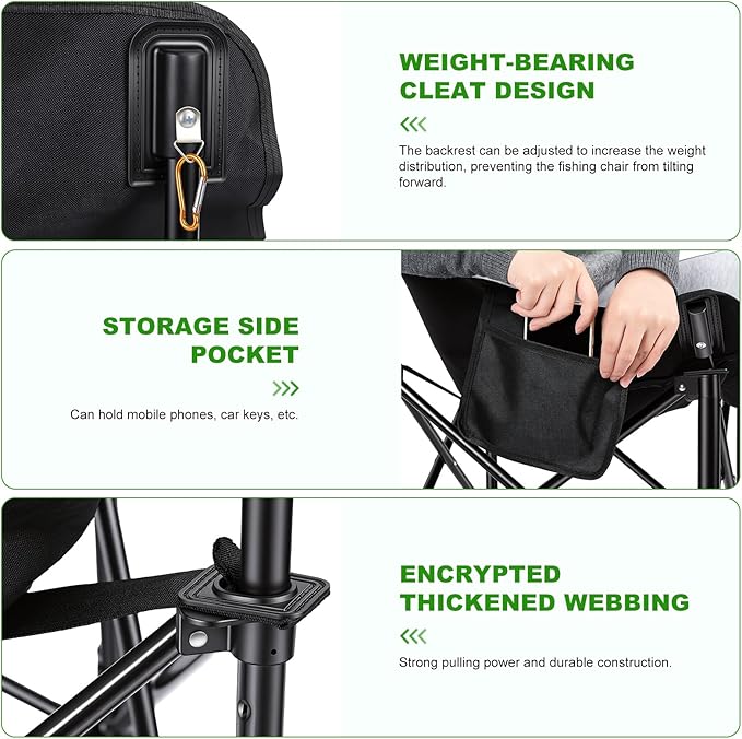 Folding Fishing Chair with Complete Accessories Portable Camping Chair for Outdoor Fishing 220LBS Load-Bearing Non-Slip All-Terrain Design with Storage Bags Carbon Steel Fishing Chair