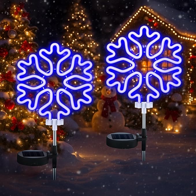 2 Pcs Solar Christmas Snowflake Garden Stake Lights Waterproof Xmas Snowflake Solar Landscape Path Lights for Outside Stakes Xmas Light Stake for House Yard