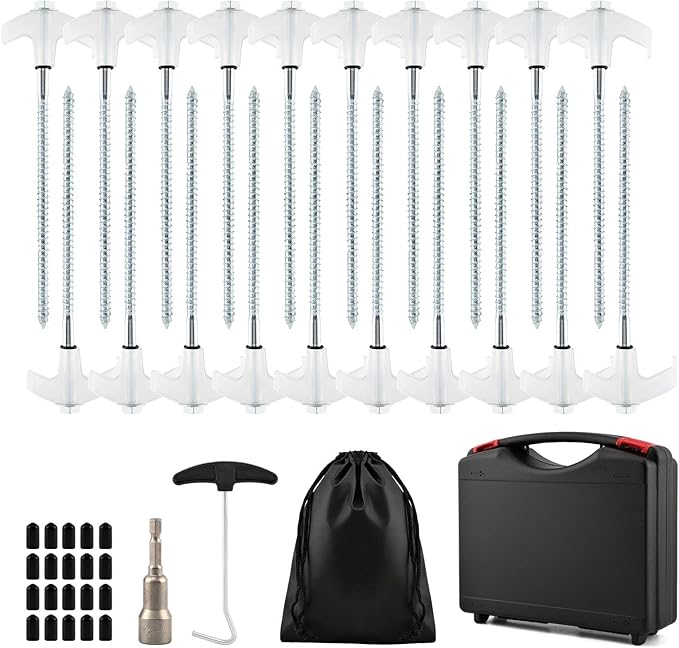 20 Pcs Screw in Tent Stakes Heavy Duty-8” Metal Pegs for Ground Drill in Camping Stake with Hex Head Driver Spikes Puller Protector in Carrying case for Hiking Glow in Dark