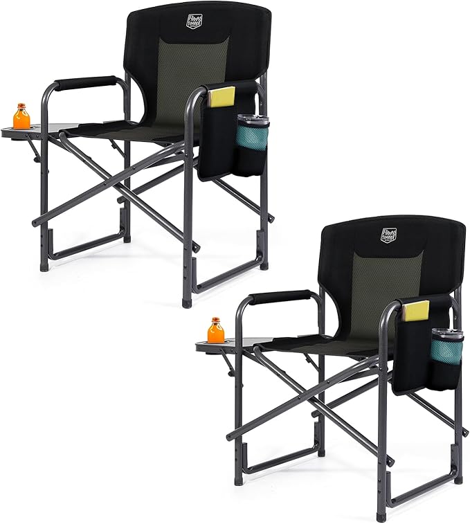 TIMBER RIDGE Lightweight Oversized Camping Chair Aluminum Directors Chair with Side Table for Outdoor Camping Lawn Picnic and Fishing Supports 400lbs Black 2PCS