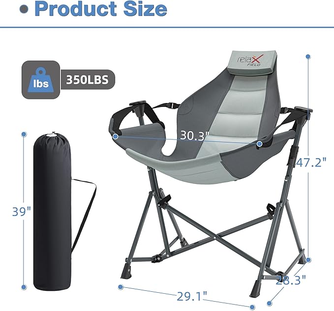 Hammock Camping Chair 3 Heights Swinging Chair with Adjustable Backrest Folding Rocking Chair with Head Pillow&ampCup Holder Outdoor Chair for Camping and Hiking Supports 350lbs Grey