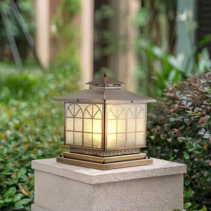 All Copper Steel Glass Outdoor Post Lights Waterproof Pillar Light Vintage Patio Lawn Column LampOutdoor Column LightsDeck Lights Lantern Fence Lamp Fixture E26 Base (Arch Glass 12X12IN)
