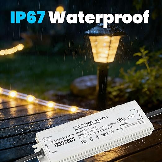 24V DC Power Supply 60W - Ultra Slim LED Driver Low Voltage Transformer with 3-Prong Plug &amp 3.3ft Cable IP67 Waterproof for LED Strip Lights Outdoor Lighting