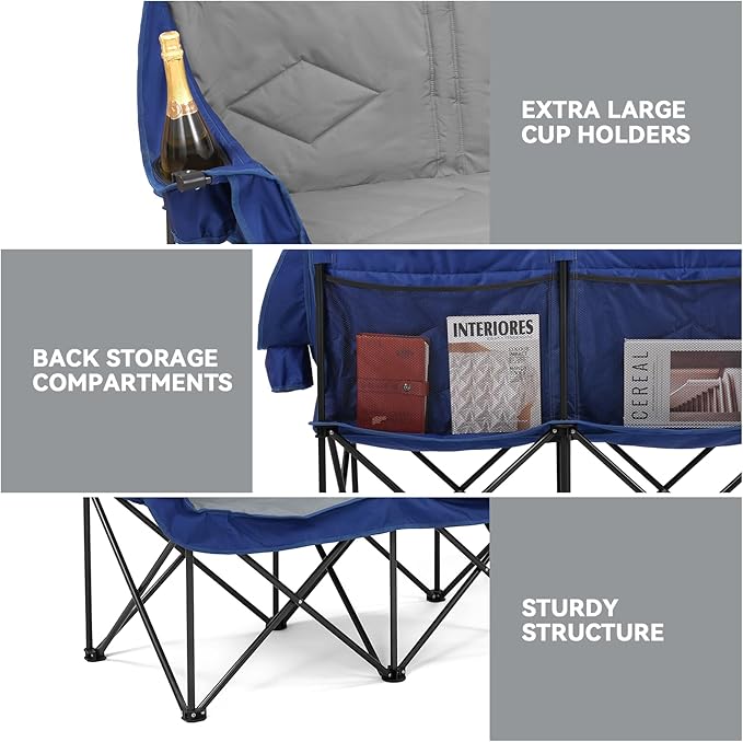 Double Camping Chairs Oversized Loveseat - 2 Person Camping Chair Portable Lawn Folding Chair for Outside Adults - Heavy Duty Outdoor Camping Couch with Cup Hold Blue