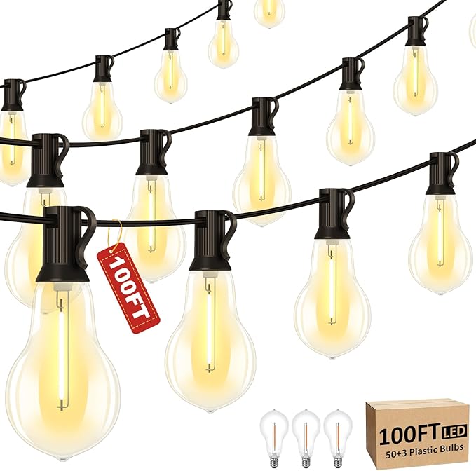100FT LED Outdoor String Lights with 50+3 Shatterproof Bulbs(Gourd Shape) IP44 Waterproof Commercial Grade Patio String Lights for Outside Porch Backyard Garden Deck Decor 2700K Dimmable