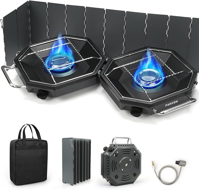 Camping Stove Propane 2 Burner Camp Stove 20000 BTU Propane Camping Stoves Portable Gas Stove with Windscreen Storage Bag Regulator for Picnic BBQ Tailgating