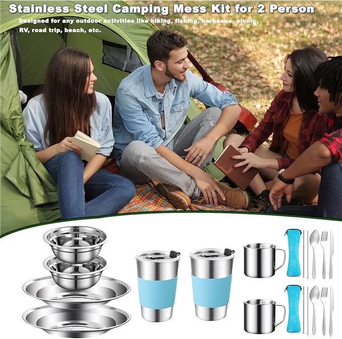 Camping Mess Kit Camping Dishes Set Stainless Steel Tableware Mess Kit Includes Plate Bowl Cup Spoon Fork Knife in Mesh Bags for Camping Backpacking &amp Hiking for 2 Person