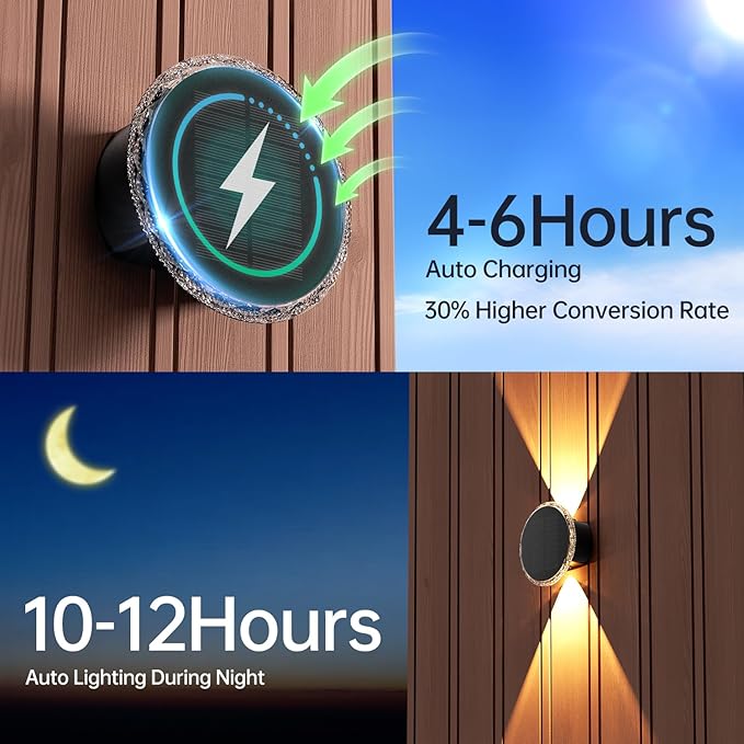 Ellasay Solar Fence Lights Outdoor: 360° Circular Lighting Solar Powered Wall Lights 12 Hours Long Runtime Up and Down Waterproof IP65 &amp 3 Modes High Brightness LED Focus Lens for Fence/Yard - 6 P