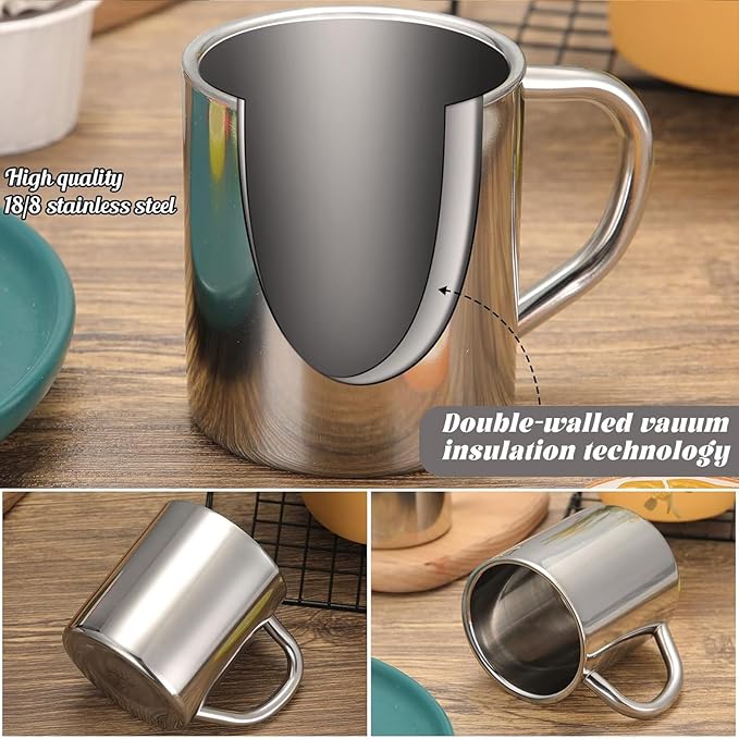 Cunhill 4 Set Small Stainless Steel Coffee Mug 10oz/300ml Metal Double Walled Cups Camping Mug with Handle Dishwasher Safe Tea Cups for Camping Travel Outdoors Rv Keep Drinks Hot