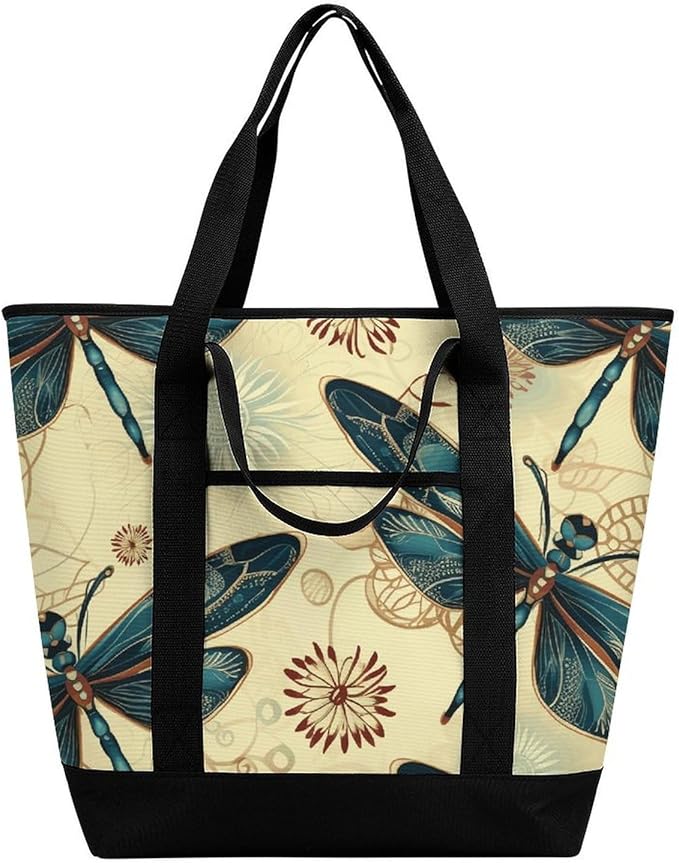 Insulated Shopping BagLarge Reusable Cooler Bags Dragonfly Printed Foldable Shopping BagTravel Waterproof Shoulder Bag