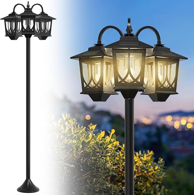 73 Aluminum Solar Lamp Post Light 3-Head Solar Light Posts for Outside Waterproof 90Lm Outdoor Lamps for Patio Backyard Front Porch Decor Warm White Replaceable Bulb