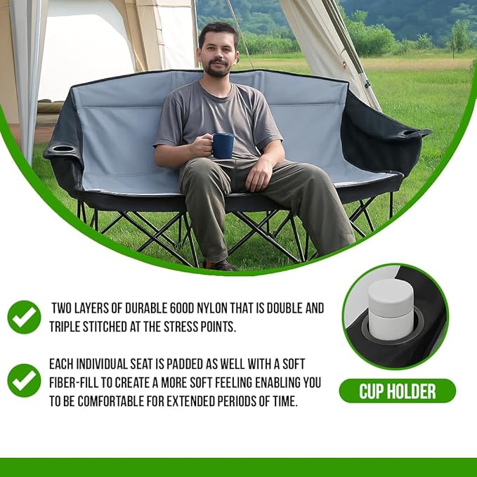 GoTEAM! Portable Folding Bench Couch – 3 Seat Collapsible Outdoor Chair with Cup Holders &amp Carry Bag – Heavy Duty 600D Nylon for Camping Sports Tailgating Beach &amp Backyard (Black/Gray)
