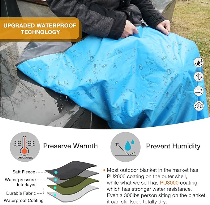 Outdoor Waterproof Camping Blanket - Hooded Fleece Windproof Blanket for Stadium Sporting Events Concert Picnic Car Boat - Packable Camp Blanket for Cold Weather Camping Gear Must Haves…