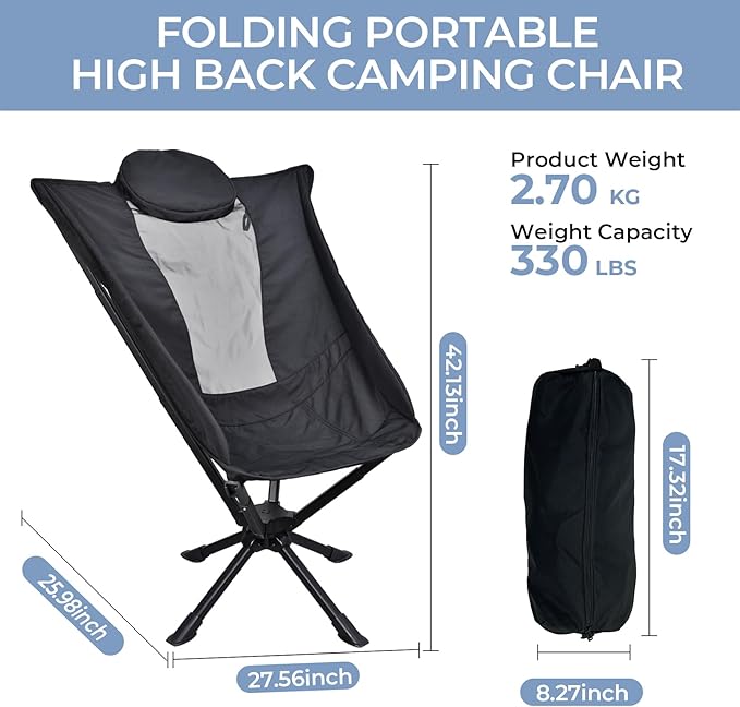 East Oak Swivel Camping Chair – High-Back Portable Folding Chair with Pillow Sets Up in Seconds Supports Up to 350 lbs Compact Lightweight Backpacking Chair for Hiking Beach and Sports Events