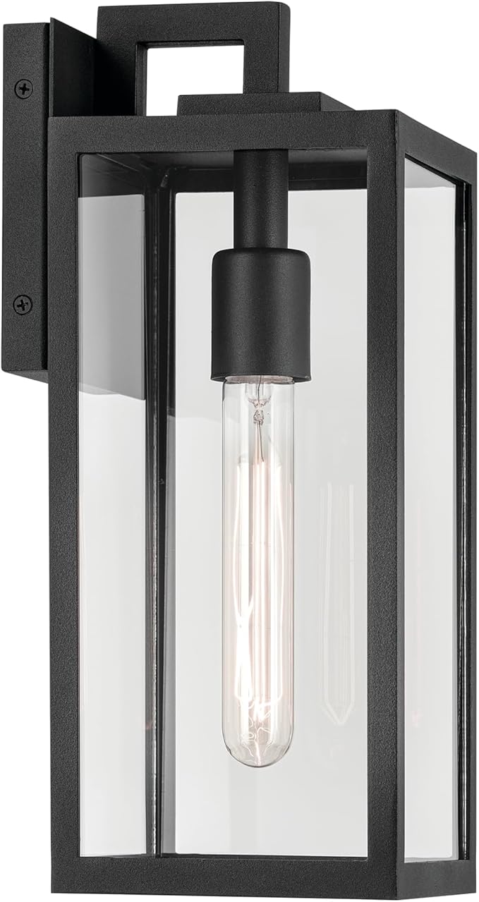 Kichler Branner 1-Light Textured Black Luxe Updated Traditional Outdoor Wall Light with Clear Glass for Exterior Doors Garage Porch or Patio Walls (5.75 W x 14 H) 59111BKT