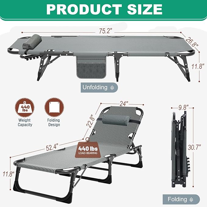 LILYPELLE Portable Folding Camping Cot Adjustable 4-Position Adults Reclining Chaise with Pillow Outdoor Portable Lounge Chair Sleeping Cot for Camping Pool Beach Patio
