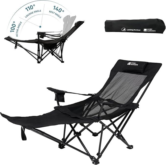 MOBI GARDEN Reclining Camping Chair with Foot Rest 4-Position Adjustable Folding Lounge Chair for Adults Portable &amp Detachable Footrest – Black - Mesh Back